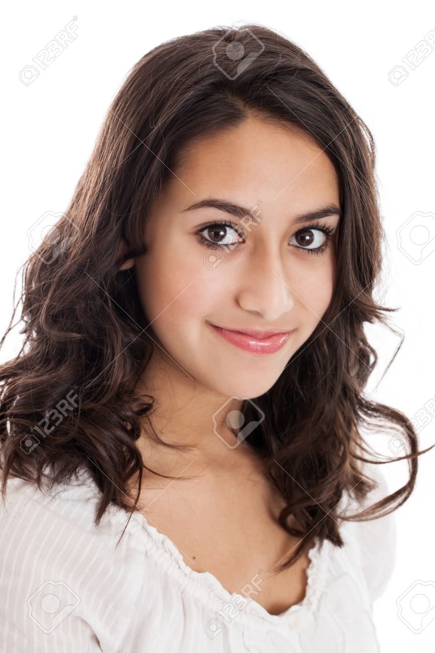 Tween Girl Headshot Portrait Isolated On A White Background Stock