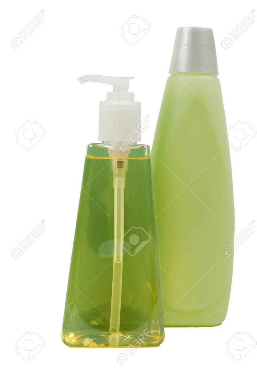 緑色のボトルのシャンプーと柔らかい石鹸ディスペンサー 分離 クリッピング パスを含める の写真素材 画像素材 Image