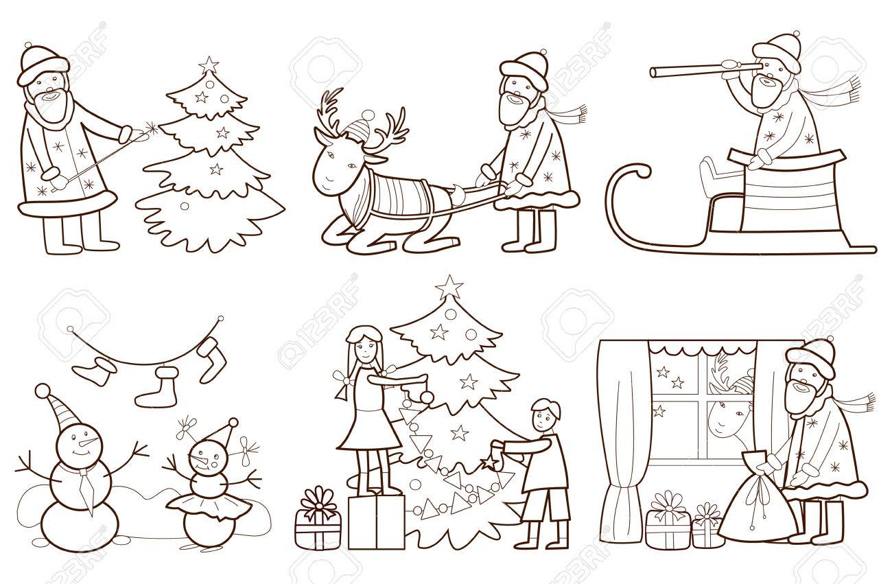 クリスマス サンタ クロースとトナカイ塗り絵イラストのセットのイラスト素材 ベクタ Image 23864310