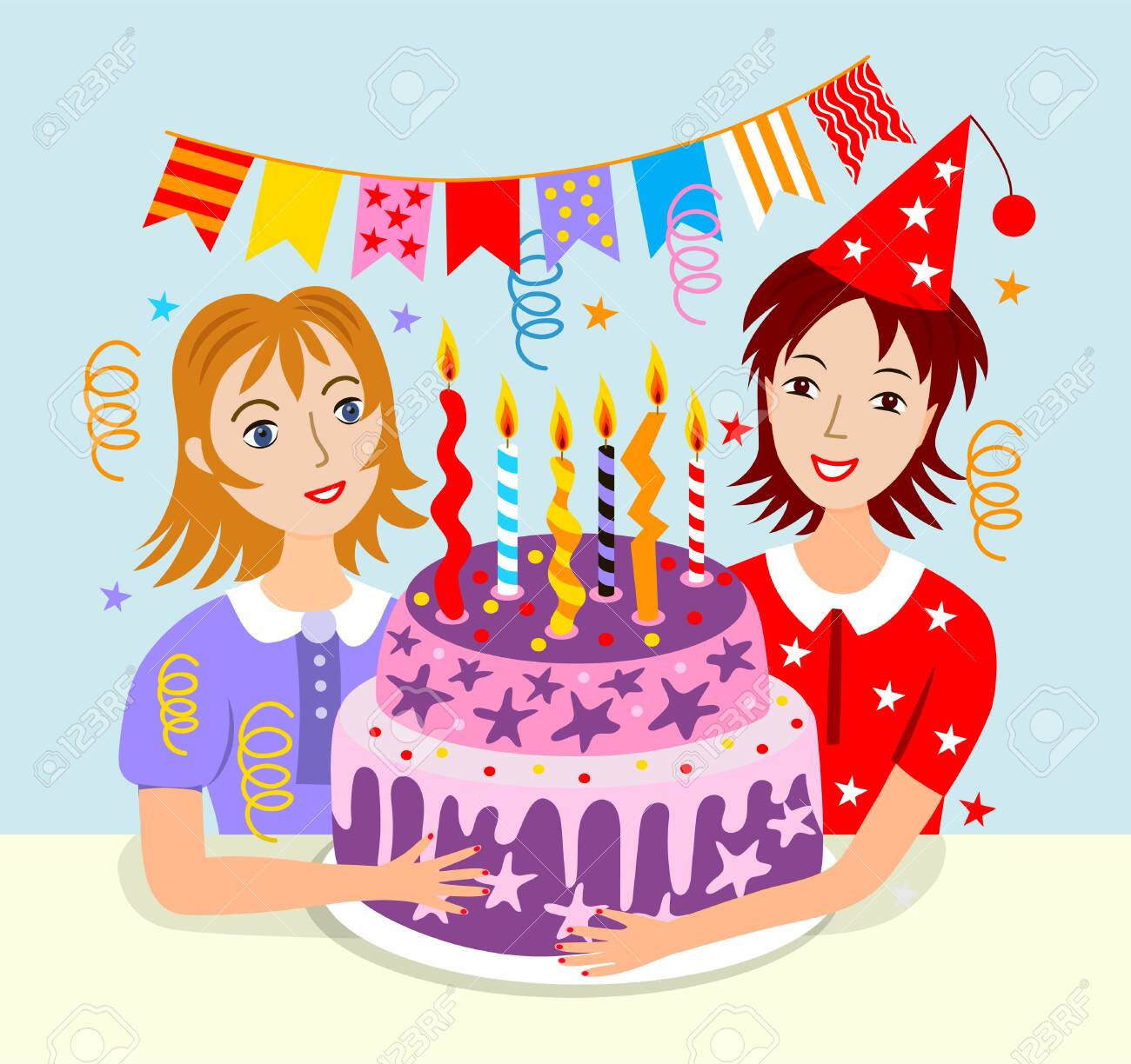 Happy Girl Blowing Birthday Candles With Her Friend Vector Illustration Royalty Free Cliparts Vectors And Stock Illustration Image