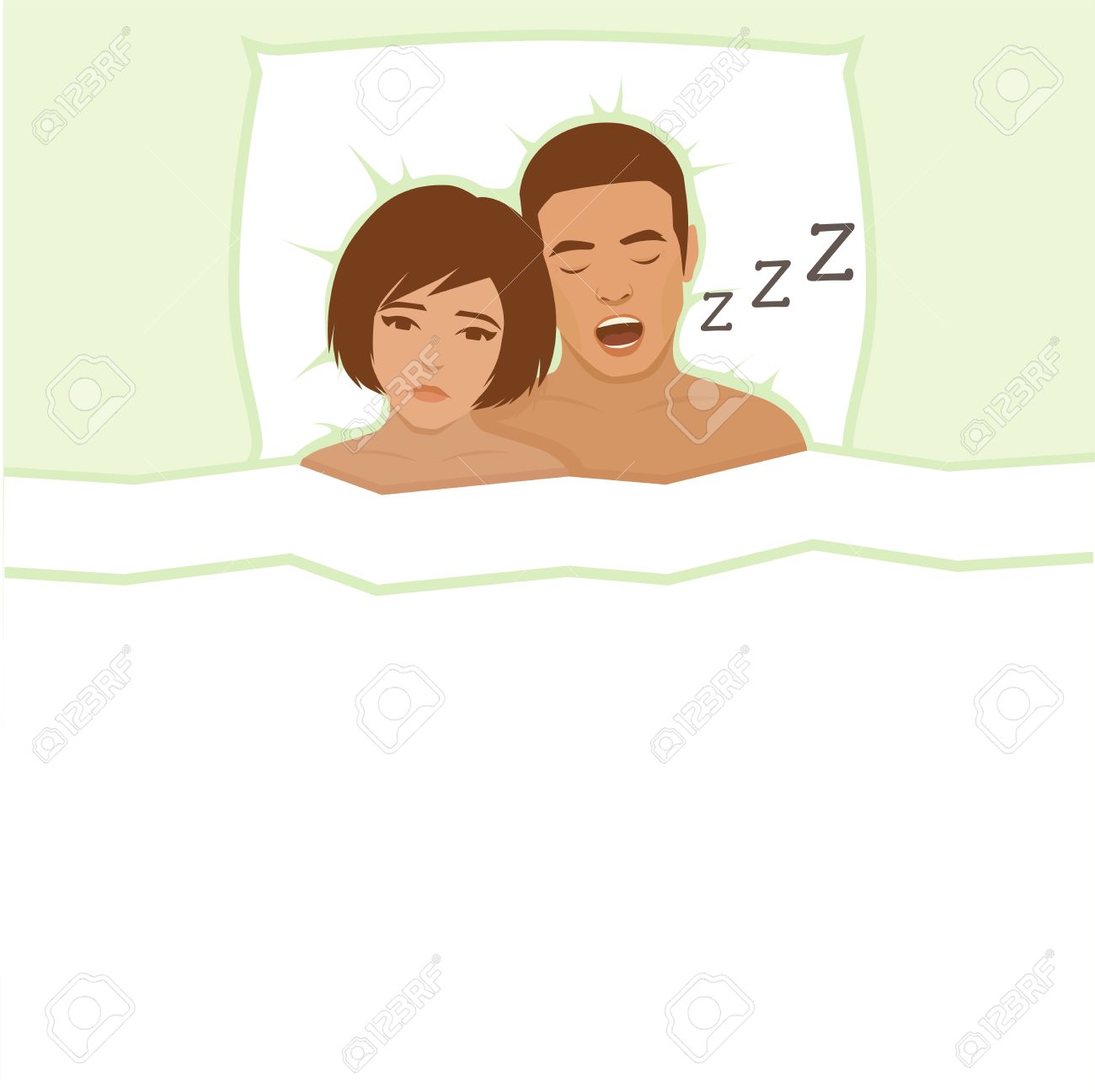 いびきをかく男 ベッド いびきをかく人および女性のカップルの眠ることができません のイラスト素材 ベクタ Image