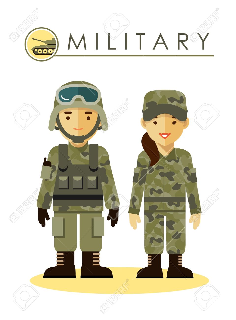 Soldier man and woman in camouflage uniform isolated on white background in flat style - 51028614 Soldier man and woman in camouflage uniform isolated on white background in flat style - 51028614