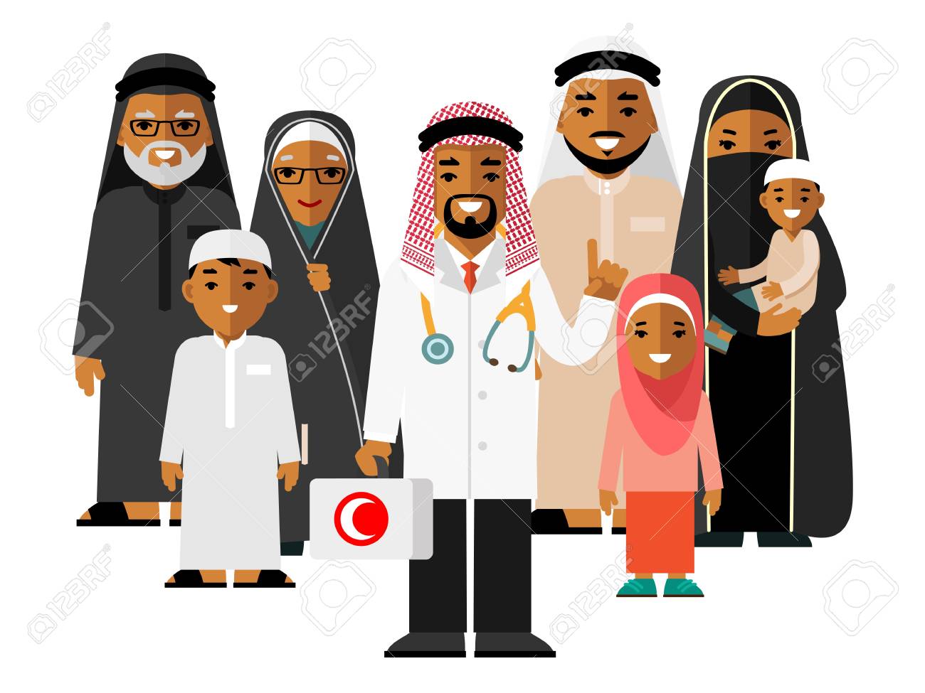 Family Muslim Arabic Doctor Concept With Young Practitioner And Happy Patients In Flat Style Isolated On Background Islamic Doctor Standing Together With Father Mother Children And Grandparents Royalty Free Cliparts Vectors And