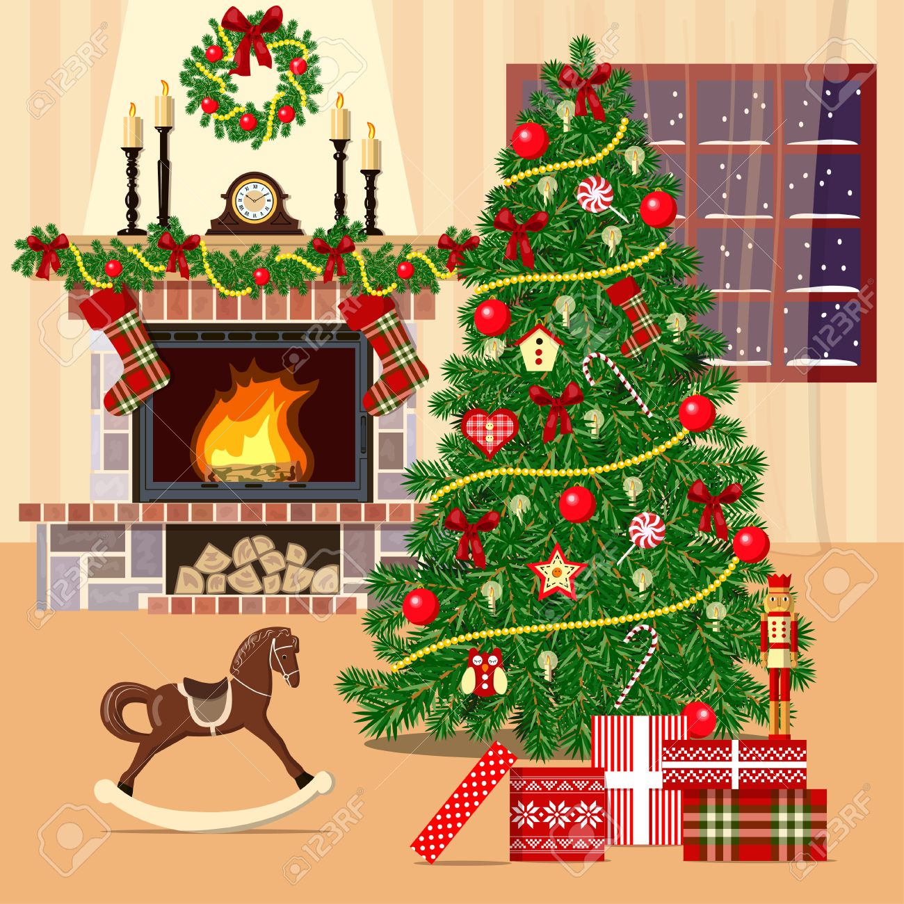 Noel Decore Chambre Avec Arbre De Noel Cheminee Et Fenetre Flat Illustration Vectorielle De Style Chambre Confortable Avec Arbre De Noel Coffrets Cadeaux Cheval A Bascule Guirlande Bougies Cadeaux Photos Rideaux Clip