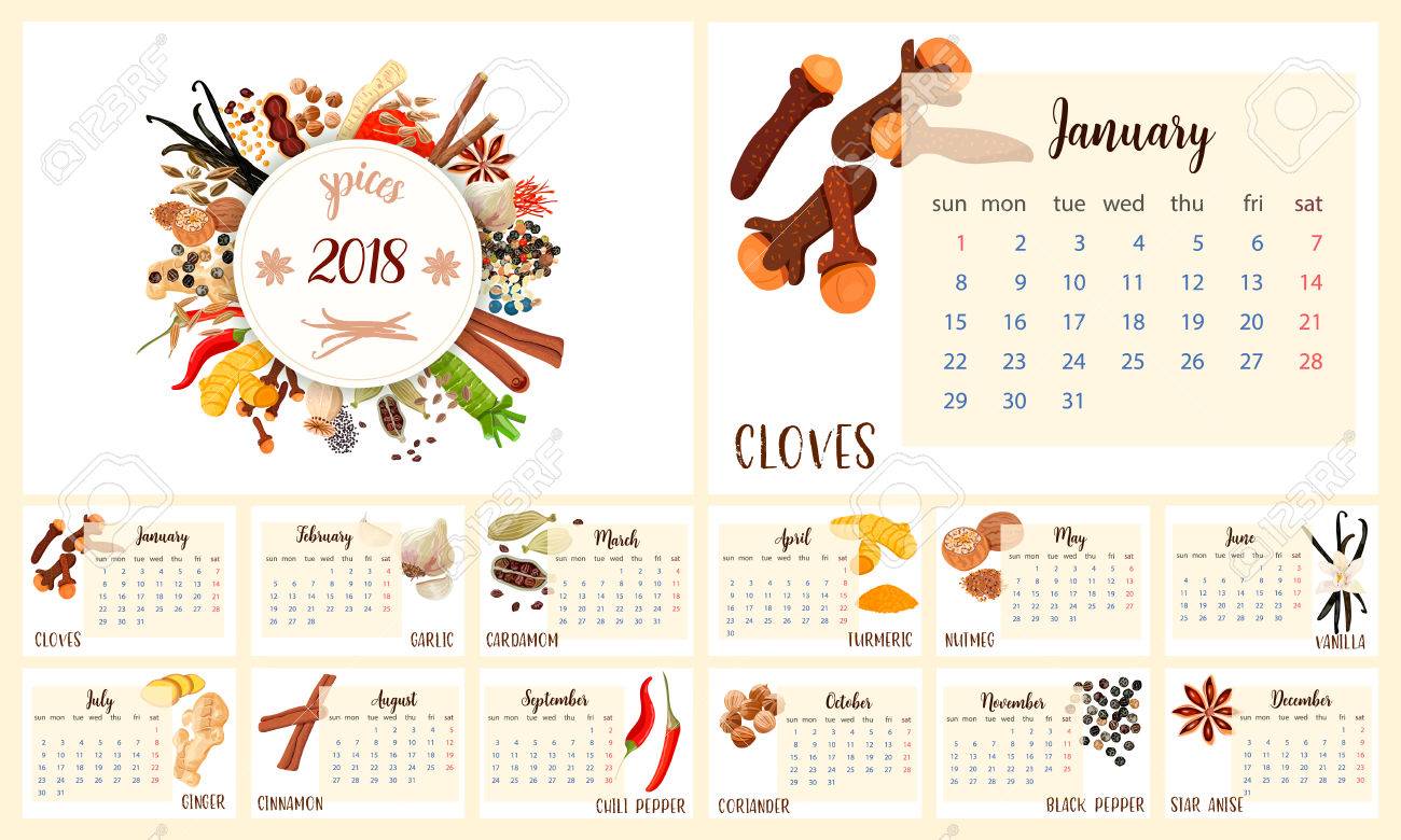 diseño 2018 del planificador del calendario especias culinarias