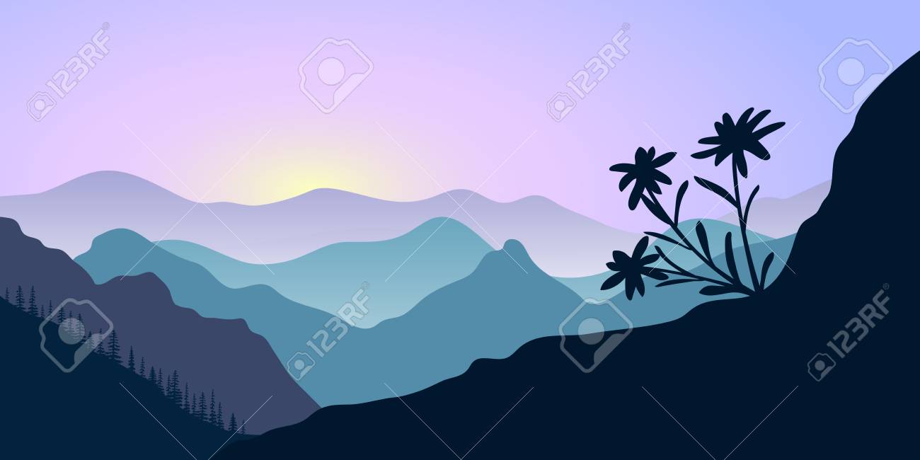 日の出の山 エーデルワイス 森 シルエットと風景 ベクトルイラスト のイラスト素材 ベクタ Image