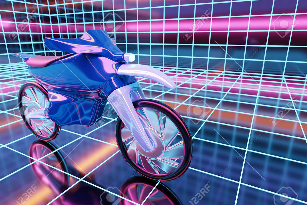 빛나는 네온 방에 있는 검은 오토바이의 3d 삽화. 3d 렌더링. 미래형 하이테크 오토바이 로열티 무료 사진, 그림, 이미지 그리고  스톡포토그래피. Image 166336293