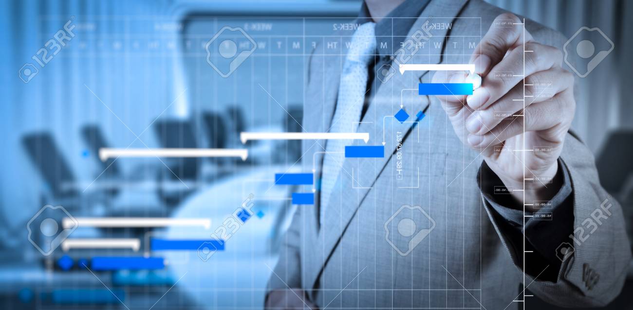 Project manager working and update tasks with milestones progress planning and Gantt chart scheduling diagram. - 101659674 Project manager working and update tasks with milestones progress planning and Gantt chart scheduling diagram. - 101659674