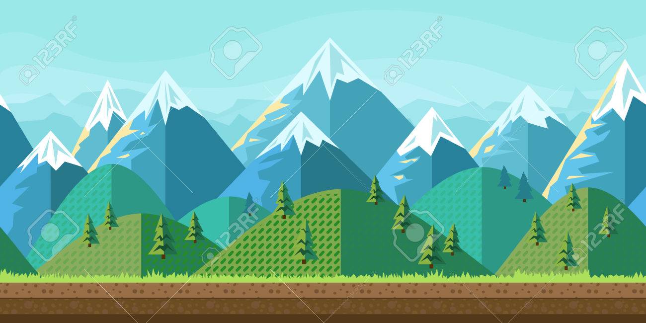 山の風景 フラット スタイル ゲームのアートとアニメーション ゲームの分離層とベクトル自然風景の背景のイラスト素材 ベクタ Image