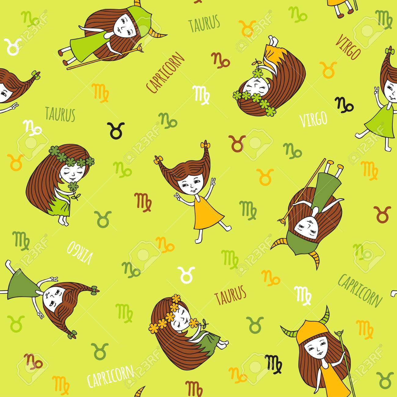 Patron Sin Fisuras Con Las Muchachas Lindas Signos Del Zodiaco Tauro Virgo Y Capricornio El Elemento De La Tierra Simpaticos Personajes Dibujados A Mano Sobre Un Fondo Verde Horoscopo Divertido Ilustraciones Vectoriales Patron Sin Fisuras Con Las Muchachas Lindas Signos Del Zodiaco Tauro Virgo Y Capricornio El Elemento De La Tierra Simpaticos Personajes Dibujados A Mano Sobre Un Fondo Verde Horoscopo Divertido Ilustraciones Vectoriales