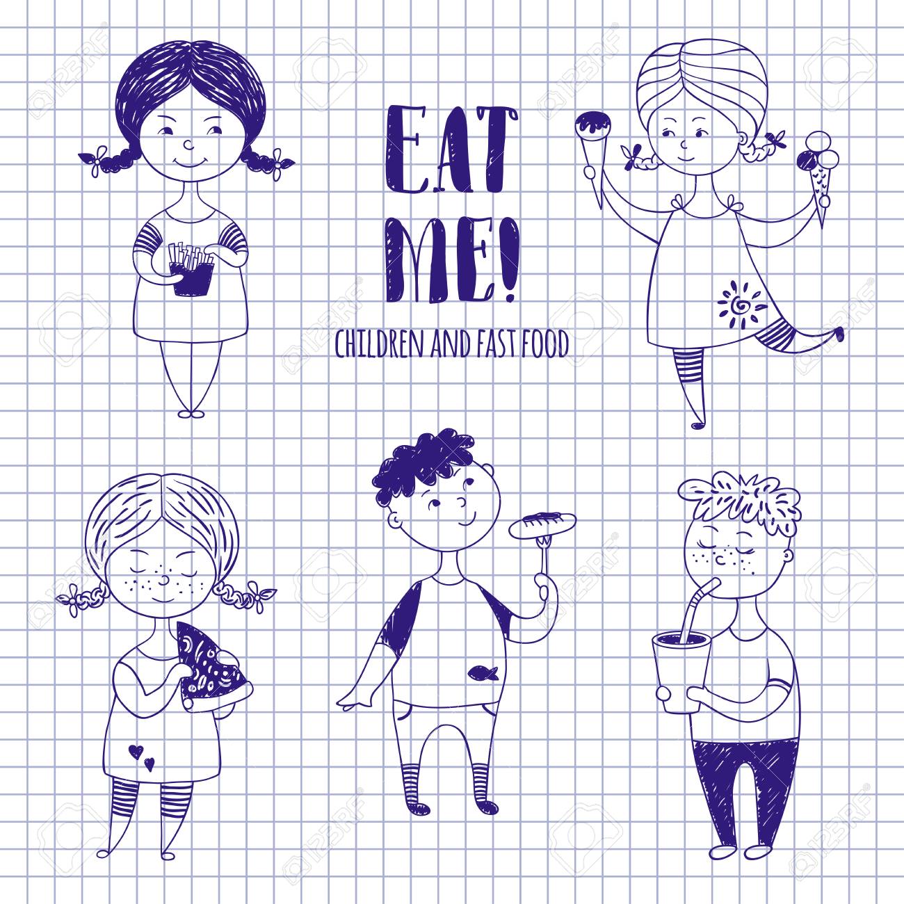 ノート紙に食べ物を持つ男の子と女の子 のイラスト素材 ベクタ Image