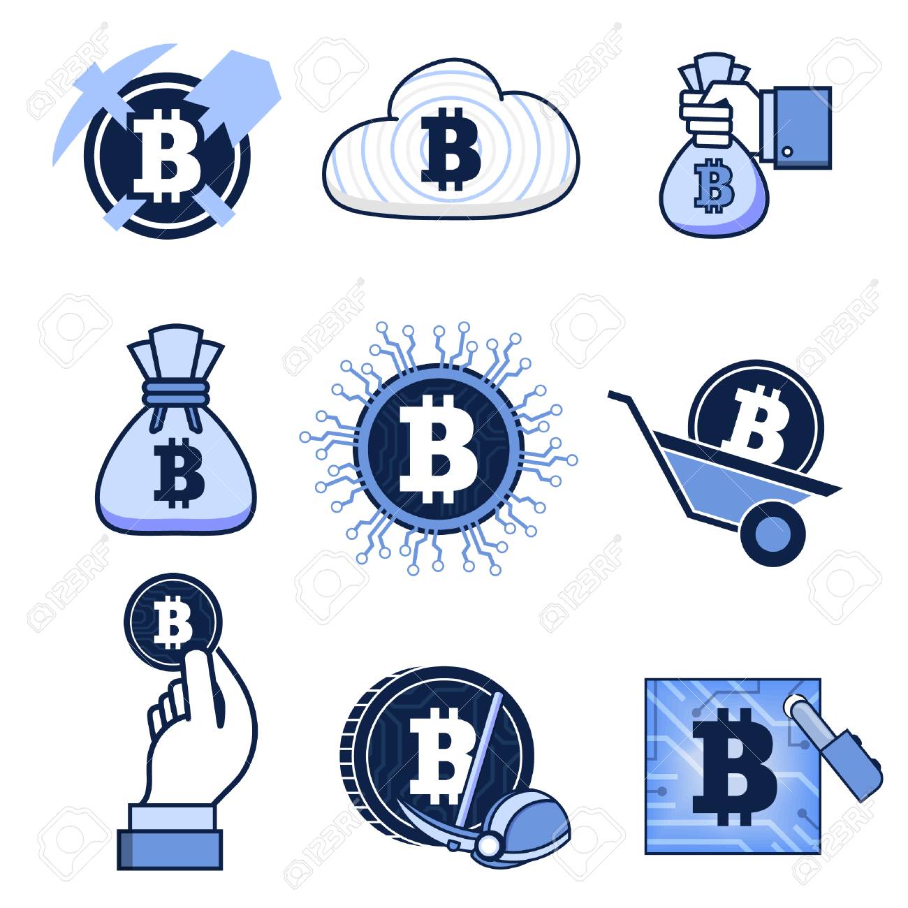 Bitcoin 마이닝 및 Cryptocurrencies 플랫 아이콘 집합입니다. 광산, 동전, 곡괭이, 돈, 금고, 지갑, 구름, 비트  코코스 가방 로열티 무료 사진, 그림, 이미지 그리고 스톡포토그래피. Image 87615684