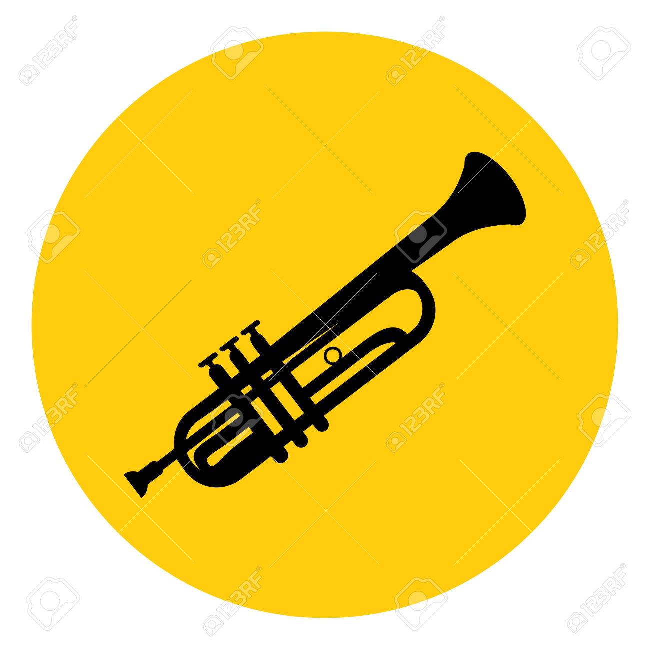 トランペットのアイコン 黄色の背景に分離されました 楽器のアイコン ベクトルの図 のイラスト素材 ベクタ Image