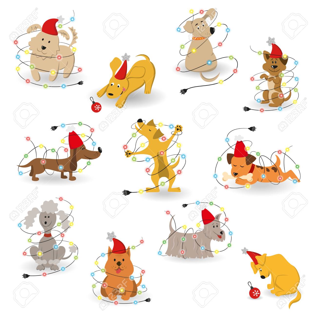 Ensemble De Chiens De Dessin Animé Drôle Avec Des Guirlandes De Noël Sur Fond Blanc