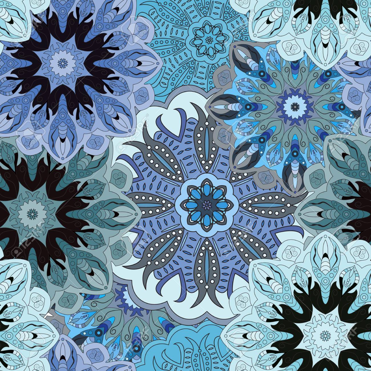 東部の花飾りと青着色されたシームレスなパターン アステカ トルコ パキスタン インド 中国 日本のスタイルのオリエンタル花柄包装紙やフロント サイド ベクター アート のイラスト素材 ベクタ Image