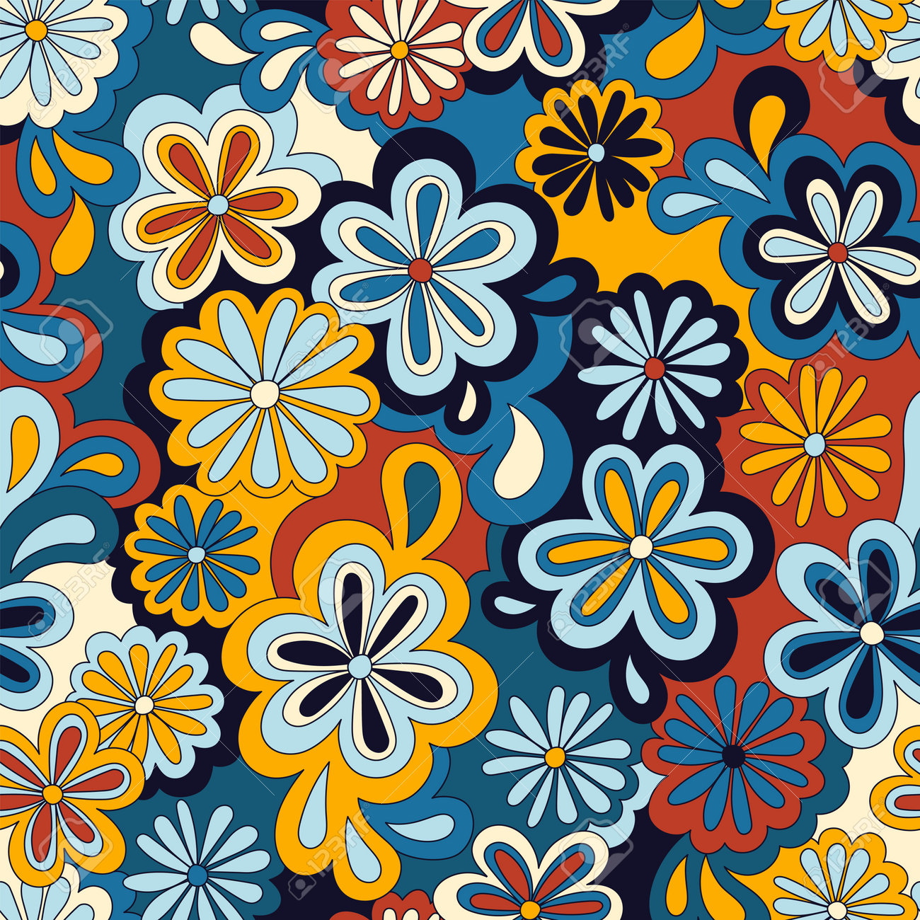 ビンテージドール　ヒッピーバニー　フラワーパワー　70s レトロポップ 花柄のサイケデリックなヒッピーのシームレスなパターン。ベクター