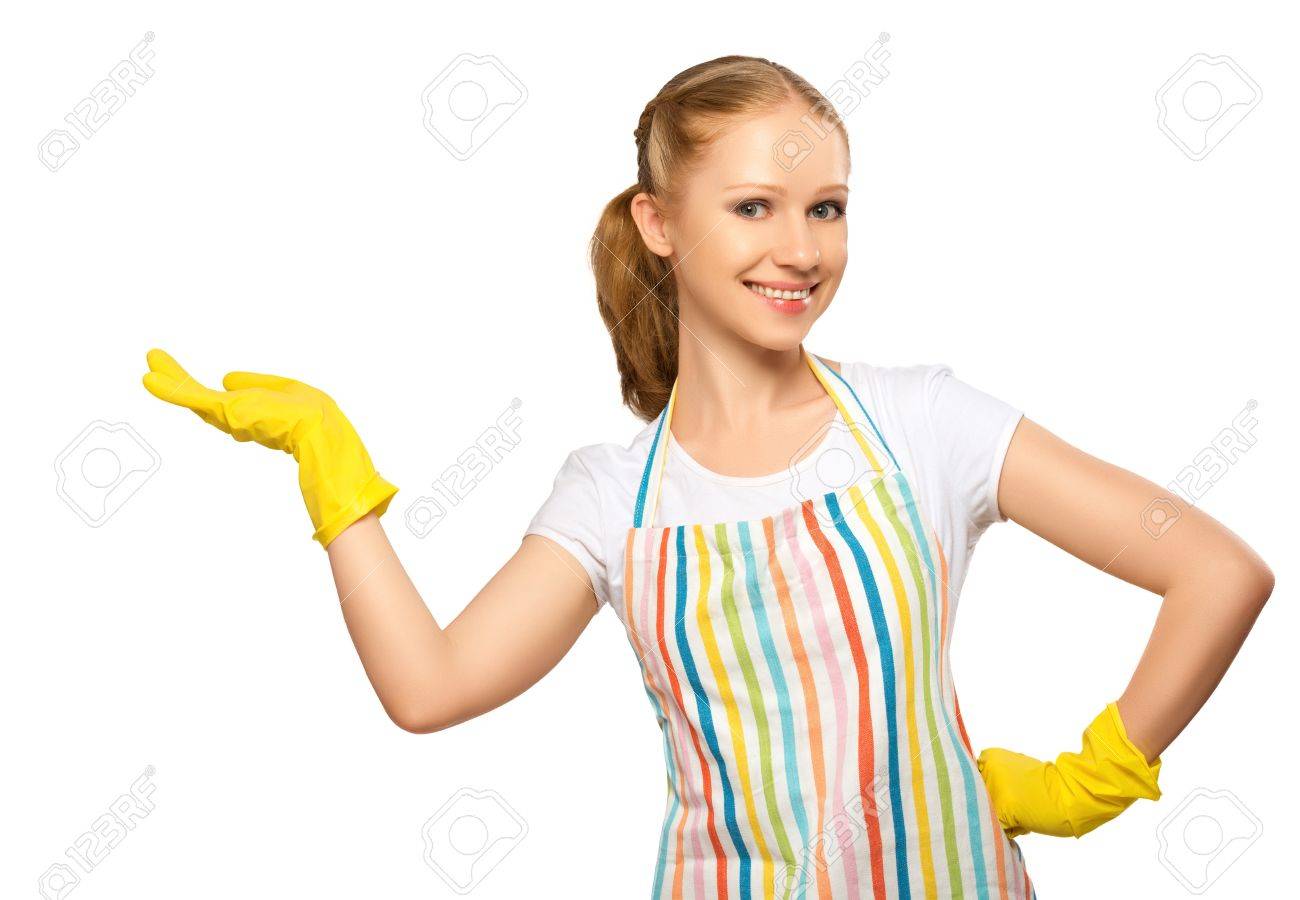 happy young housewife in glove with white empty billboard isolated on white background - 20487122 happy young housewife in glove with white empty billboard isolated on white background - 20487122