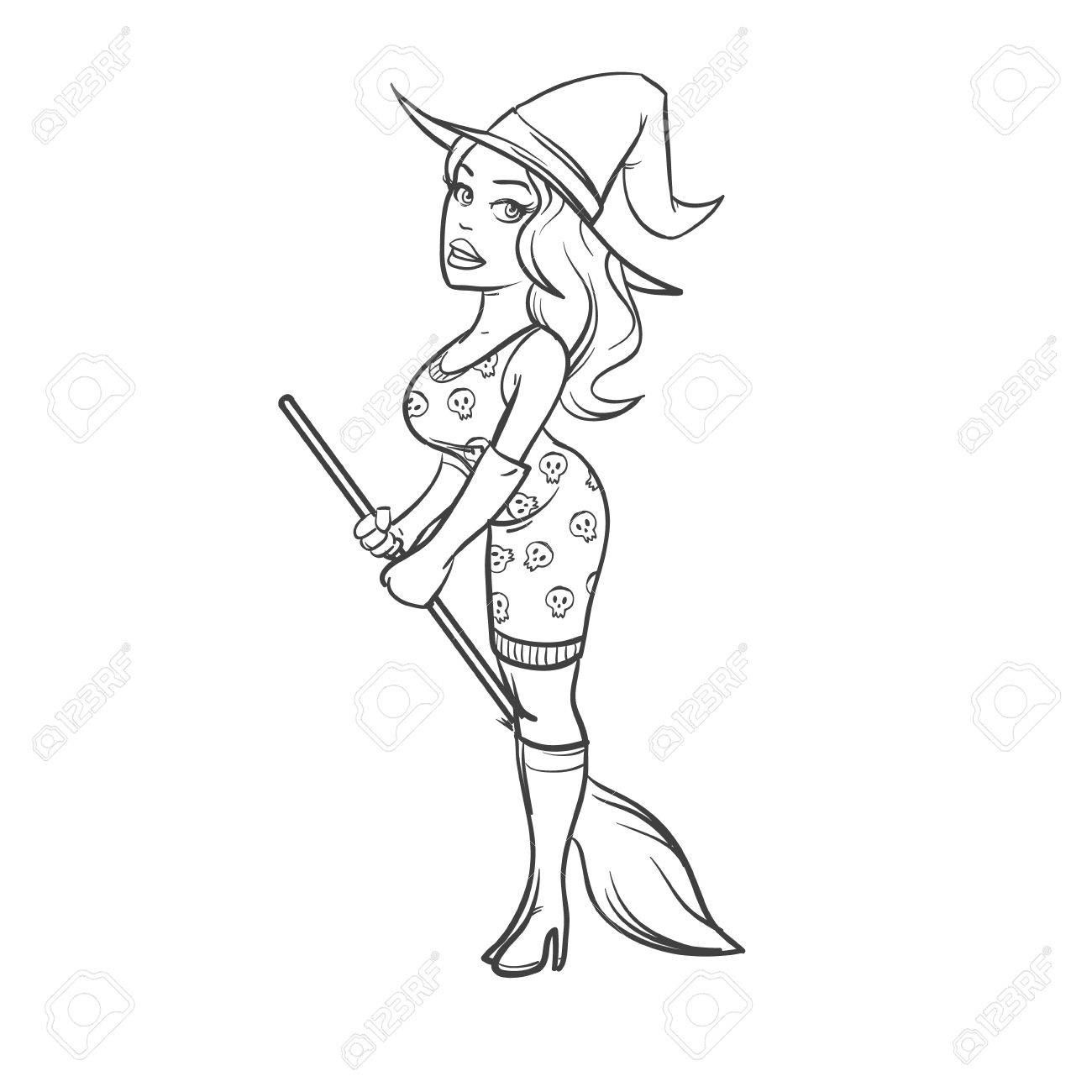 cartoon pretty witch with a broom on isolated background simple