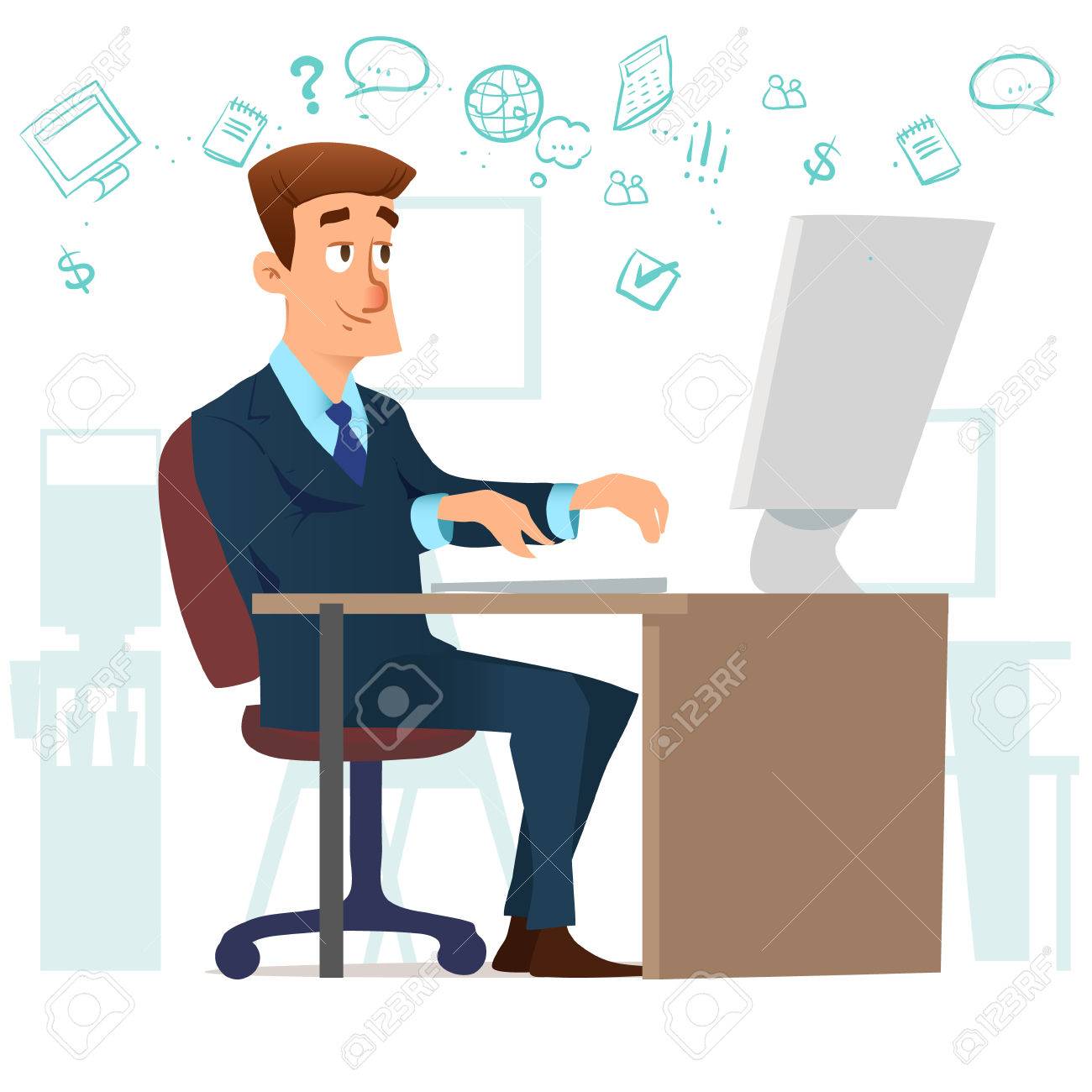 Hombre En La Oficina De Trabajo En La Computadora, Internet Y Las ...