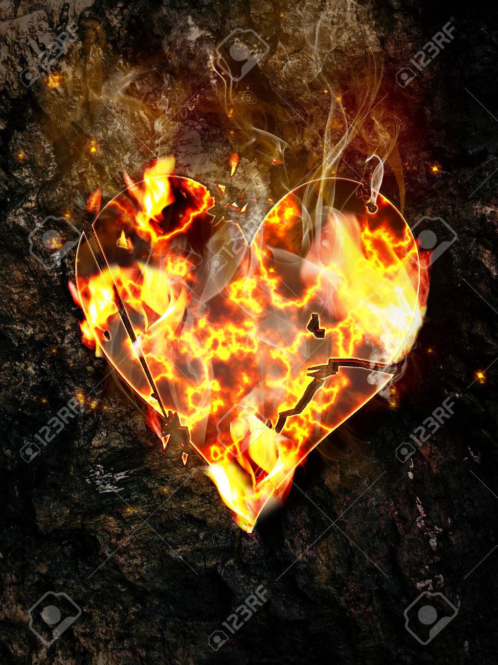Burning Crumbling Heart On The Rock Background. Stock Photo, Picture and  Royalty Free Image. Image 73391894., image size:974x1300