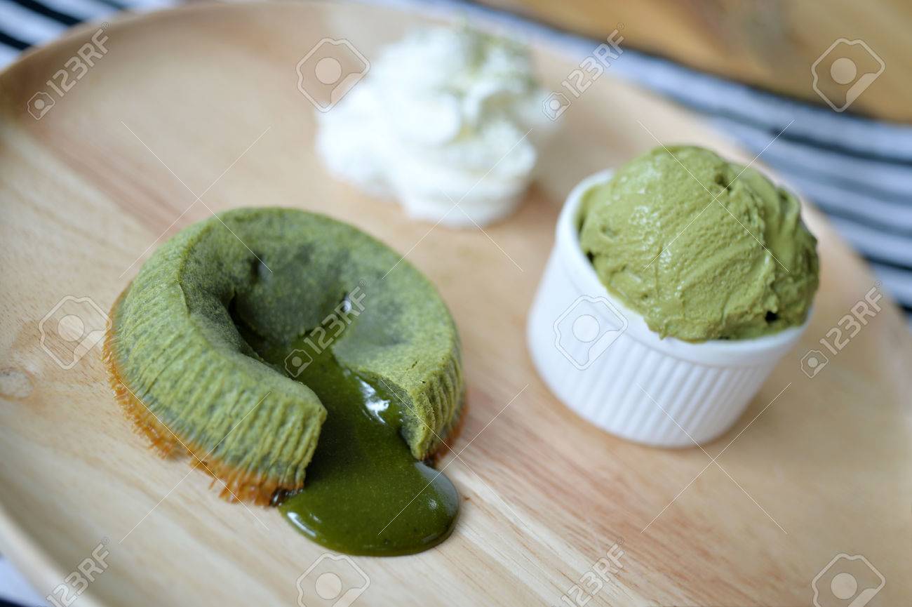 matcha green tea lava cake with ice cream selective focus stock