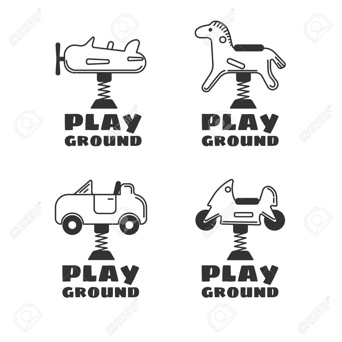 子供の遊び場の線のスタイルの 4 つのロゴ 白い背景に分離されたベクトル アイコンを設定 のイラスト素材 ベクタ Image