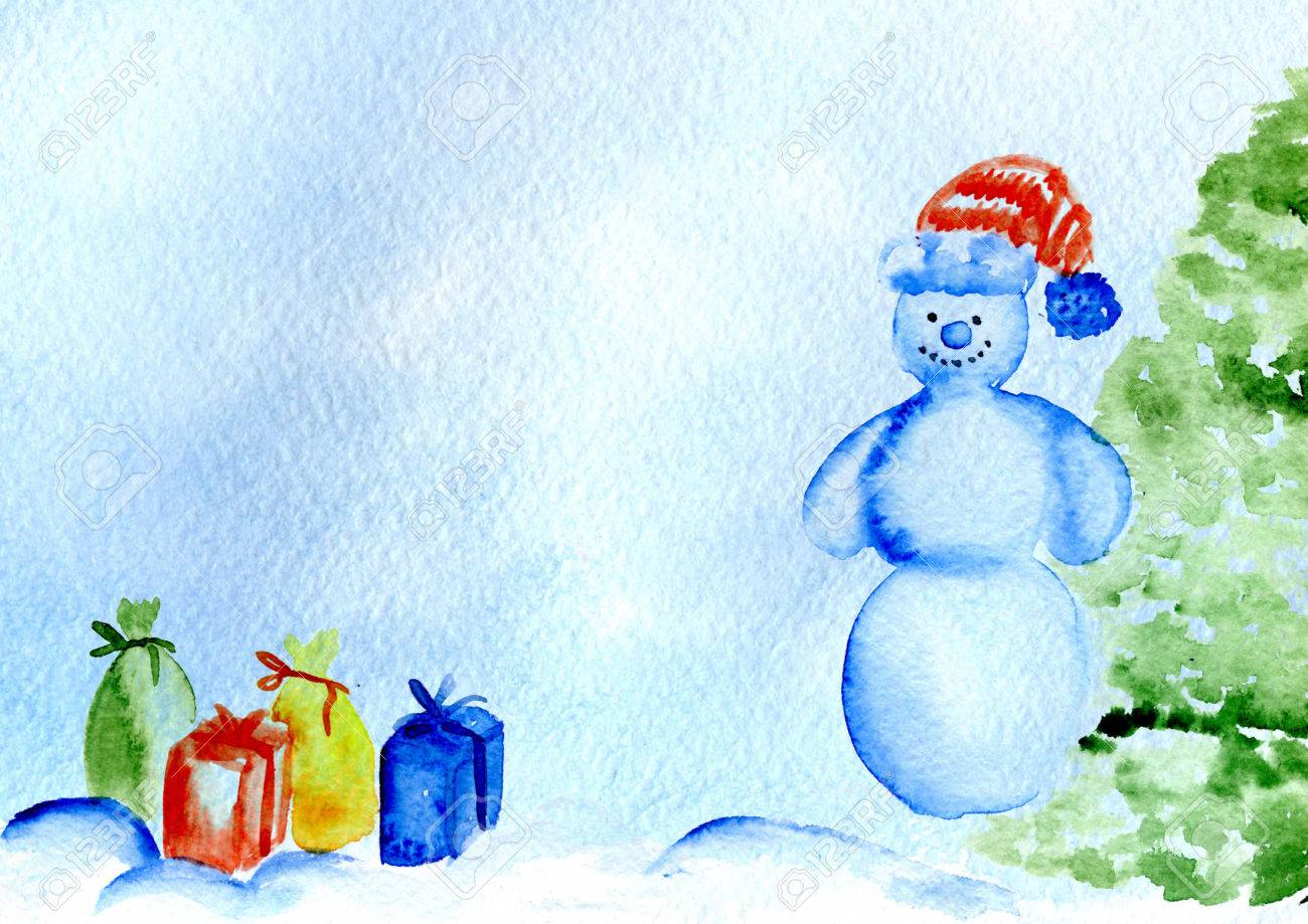 Aquarellkarte Frohe Weihnachten Und Happy New Year Aquarell Schmuckt Der Schneemann Einen Weihnachtsbaum Lizenzfreie Fotos Bilder Und Stock Fotografie Image