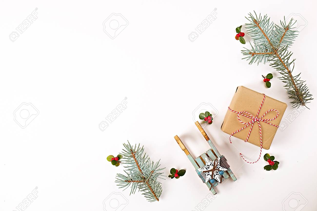 christmas happy new year composition christmas gifts pine branch