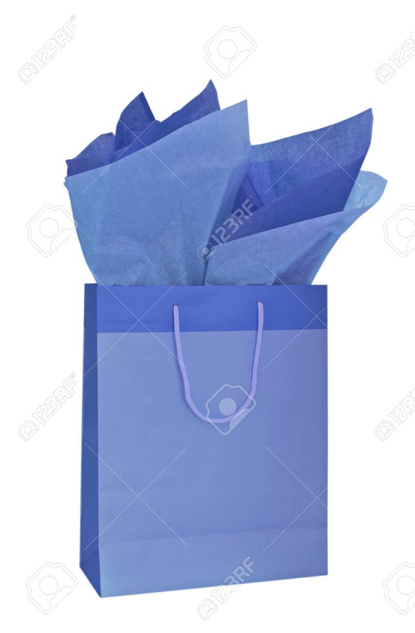 Sac-Cadeau Bleu Avec Du Papier De Soie Isolé Sur Un Fond Blanc Banque  D'images Et Photos Libres De Droits. Image 9954715.