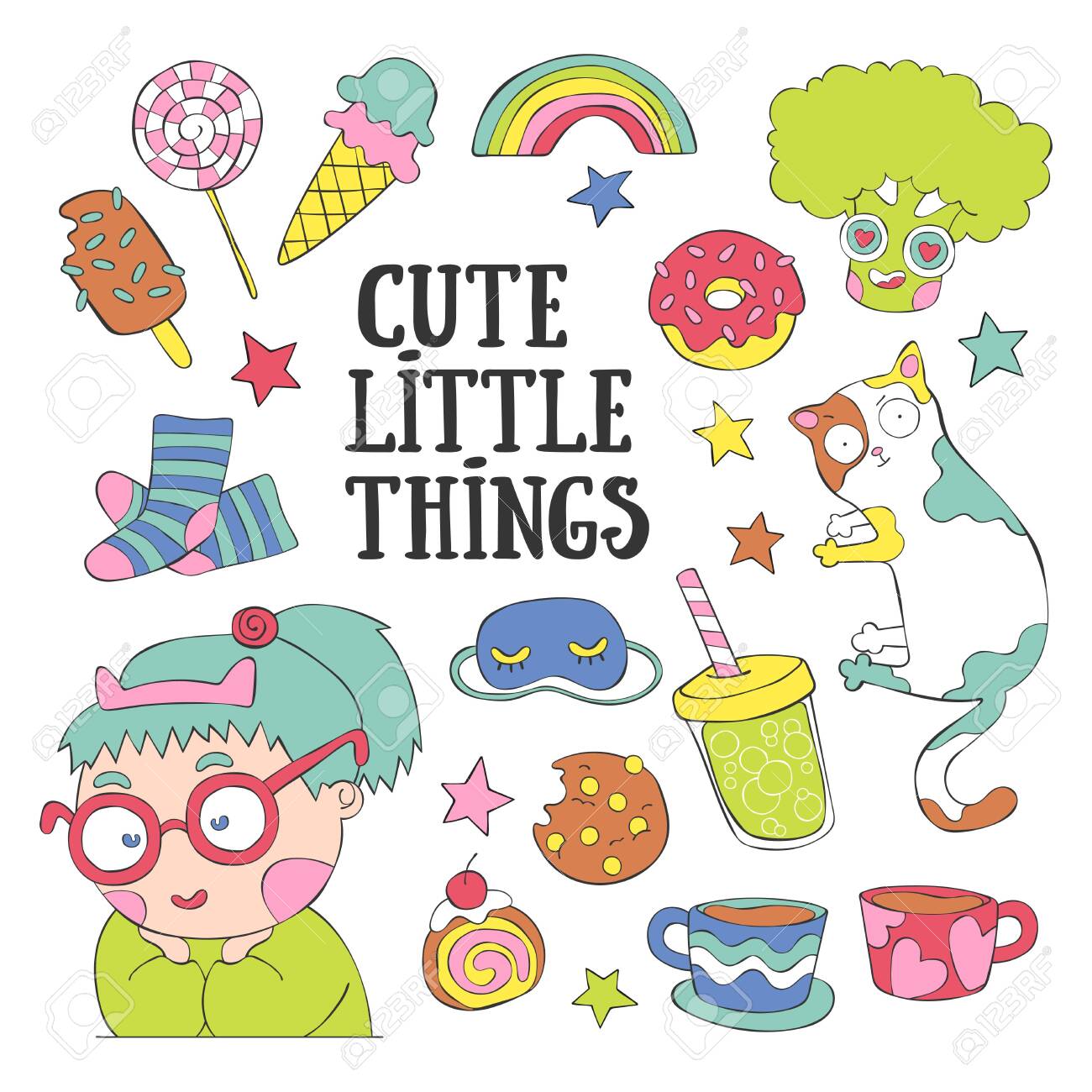 Cute Little Things. Girl, Cat, Coffee Mugs, Sweets, Broccoli. Set ...