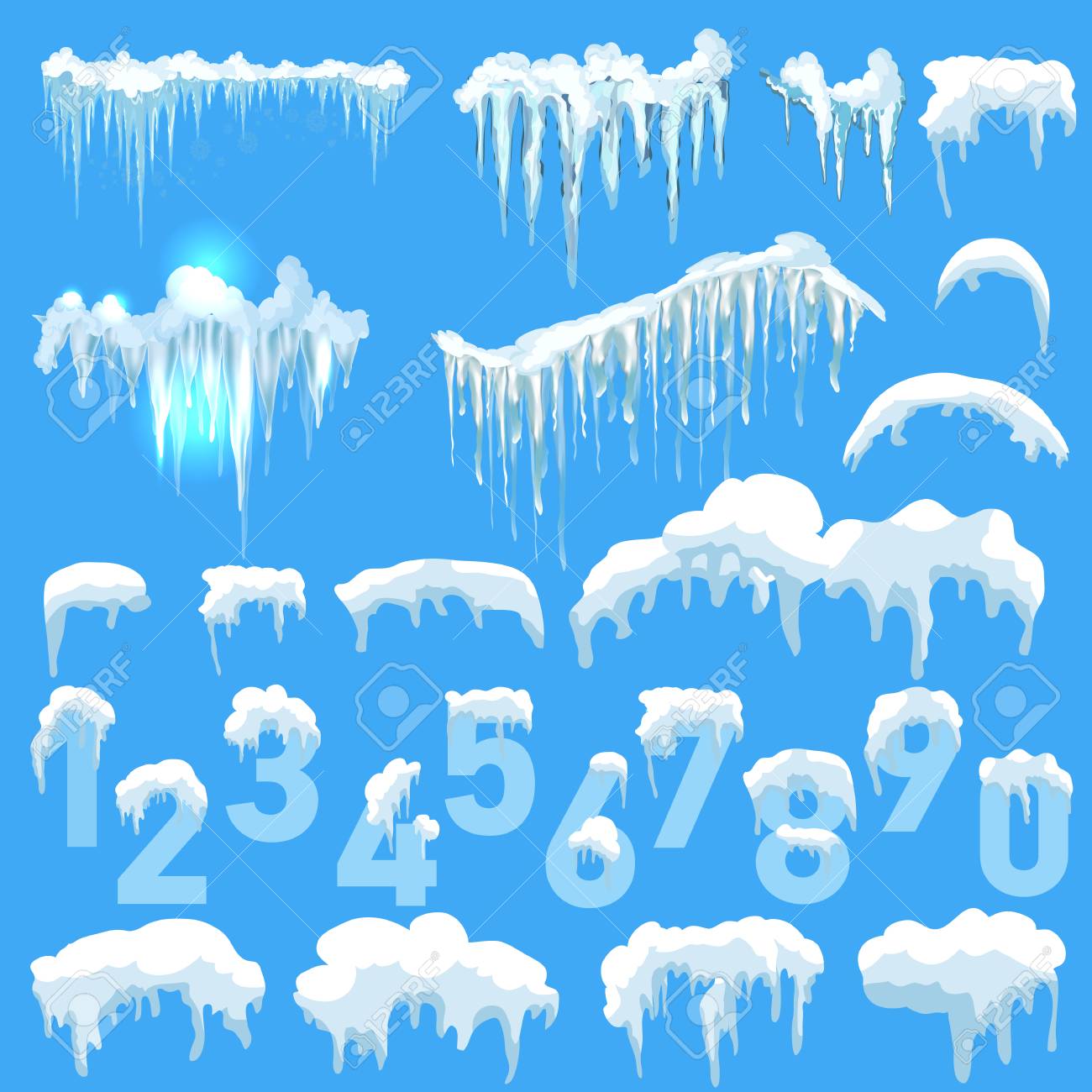 text 2018 snow ice icicle set winter design white blue snow