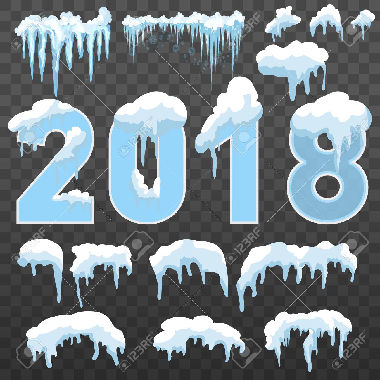 text 2018 snow ice icicle set winter design white blue snow