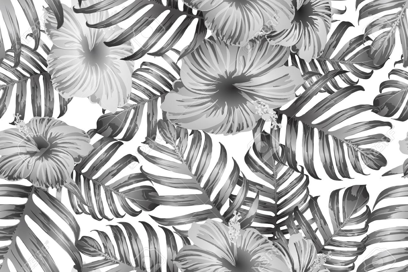 Black white exotic pattern monstera leaves and hibiscus flowers