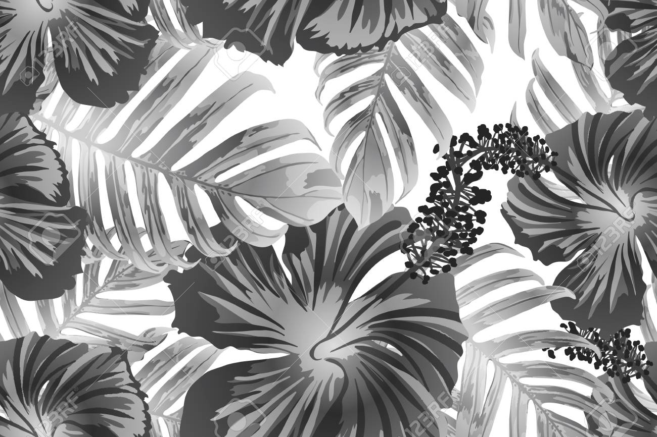 Black white exotic pattern monstera leaves and hibiscus flowers