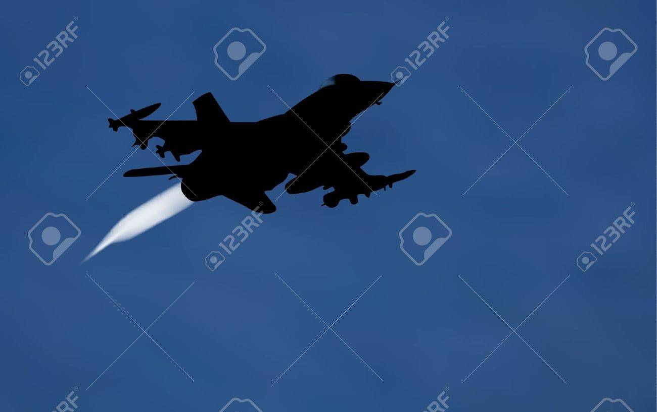 夜空の上の後ろに排ガス白いシルエットの爆撃機の飛行機のイラストのイラスト素材 ベクタ Image