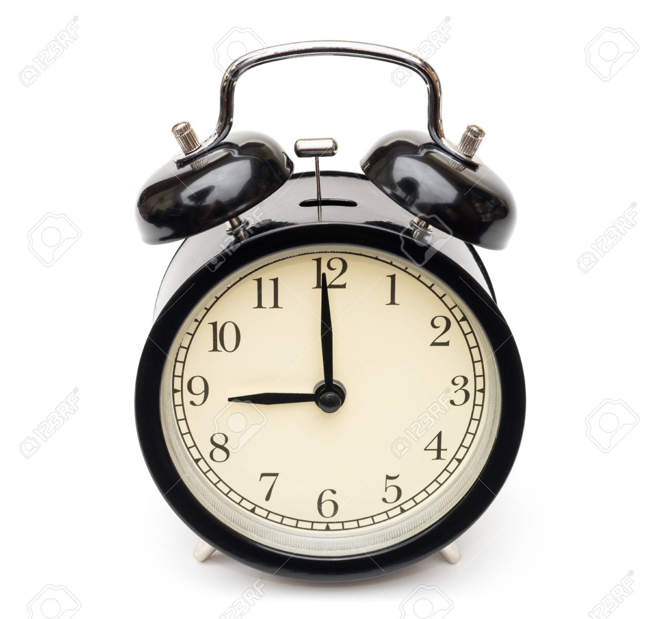 Black Alarm Clock At Nine Isolated On White Background Stock Photo Picture And Royalty Free Image Image