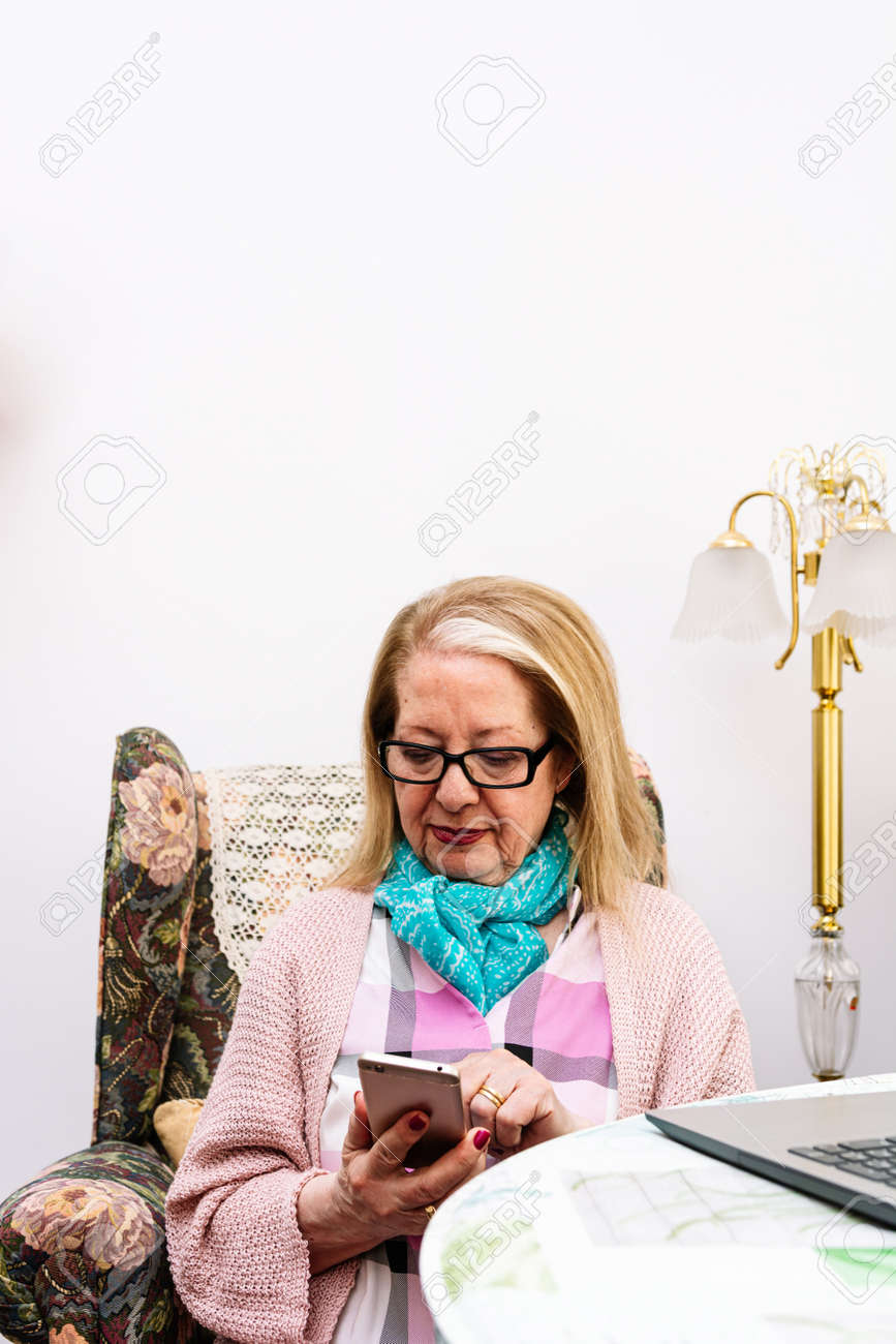 78-year-old grandmother using a laptop at home (concept of technologies for the elderly) - 169767517 78-year-old grandmother using a laptop at home (concept of technologies for the elderly) - 169767517