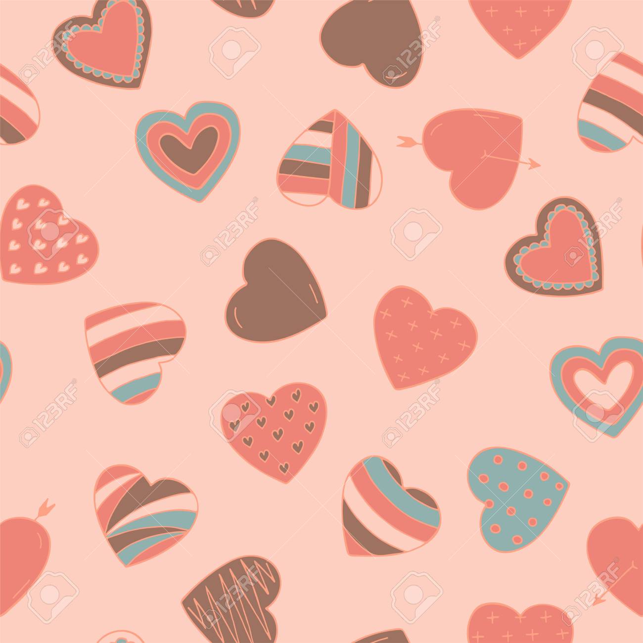 心を持つシンプルなシームレスなカラフルなレトロなパターン 落書きスタイル バレンタインデーかわいいベクターの背景のイラスト素材 ベクタ Image