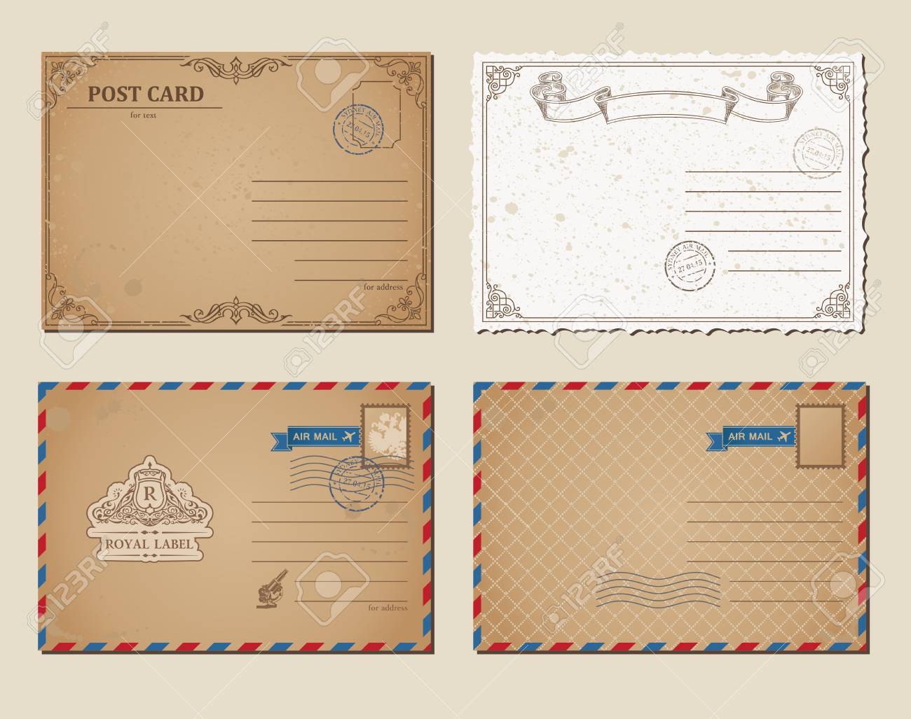 Vintage Postcards, Postage Stamps, Vector Illustration Post Cards
