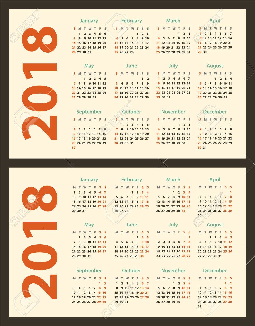 monday through sunday calendar 2018
