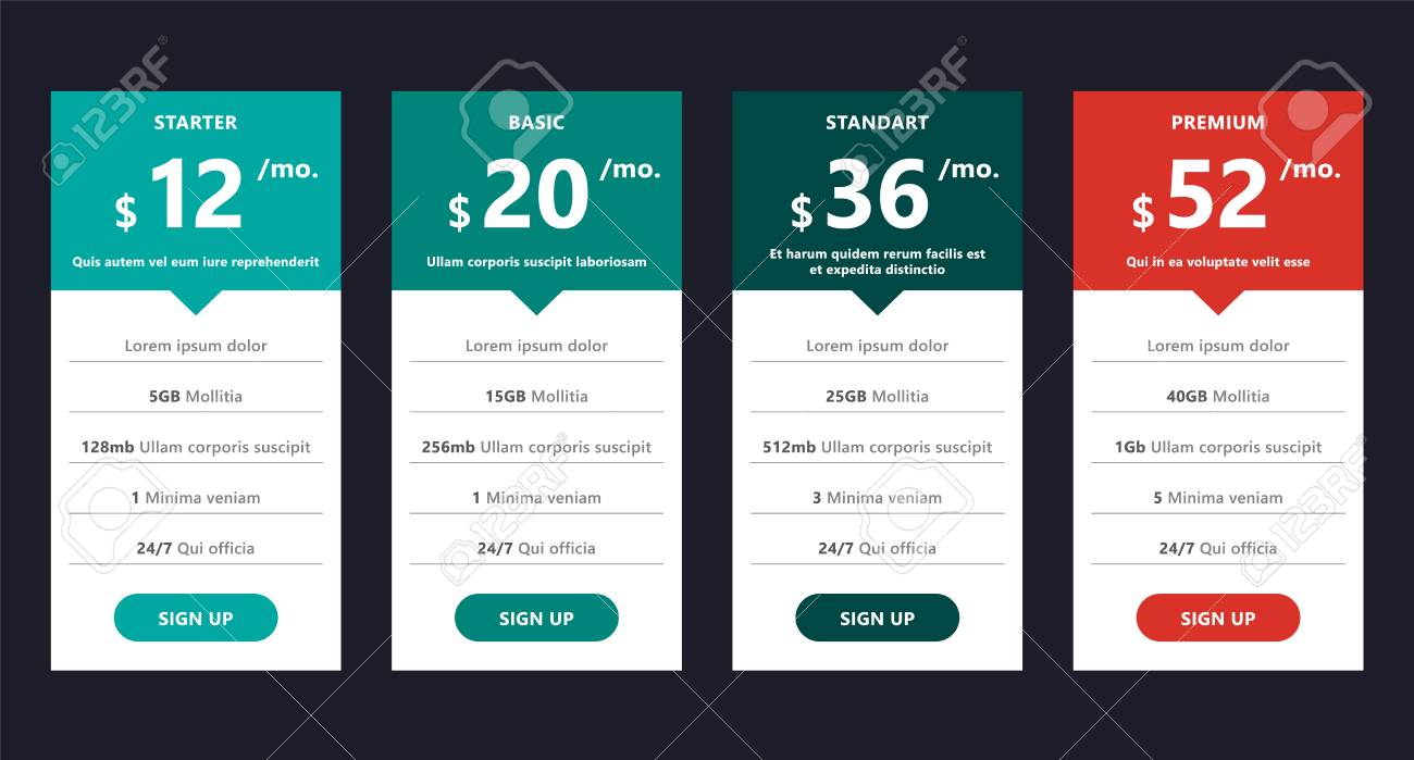 pricing table in flat design for websites and applications royalty flat design websites