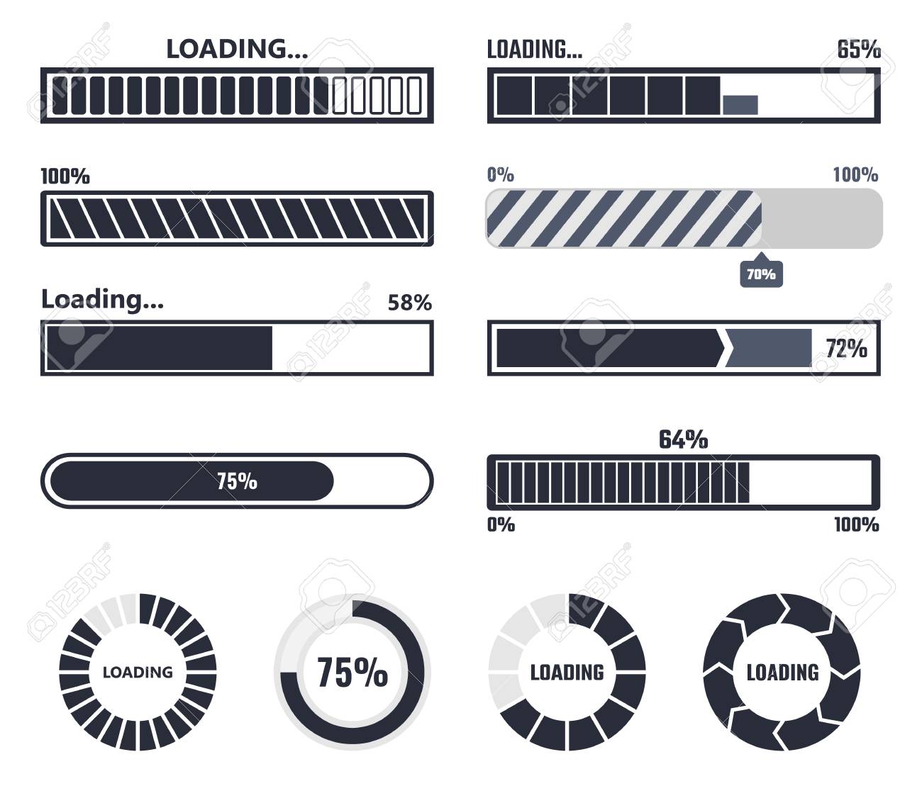 Шкала загрузки. Значок загрузки круглый. Элемент загружается. Loading на черном фоне. Элемент загружается.