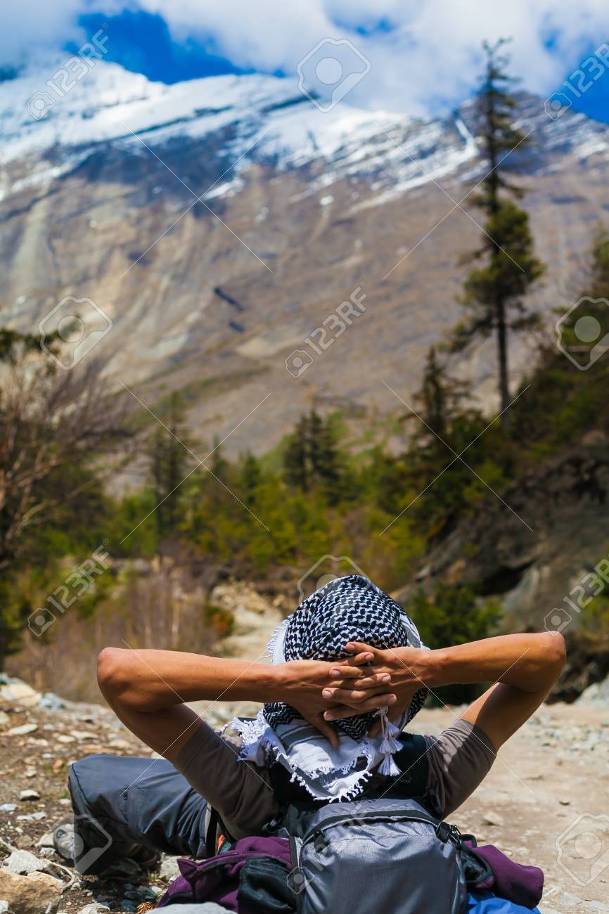 Landscape Himalaya Mountain Background Hiking Himalayas Beautiful View Panorama End Summer Season Green Threes Cloudy Blue Sky Mountainous Rocks Man Chill Travelers Backpacker Image Horizontal Stock Photo Picture And Royalty Free Image Image