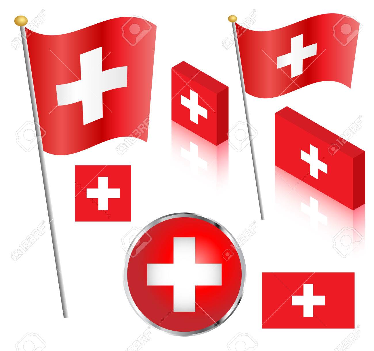 Swiss flag on a pole. Traditional square, and non-traditional rectangular badge and isometric designs vector illustration. - 41372407 Swiss flag on a pole. Traditional square, and non-traditional rectangular badge and isometric designs vector illustration. - 41372407