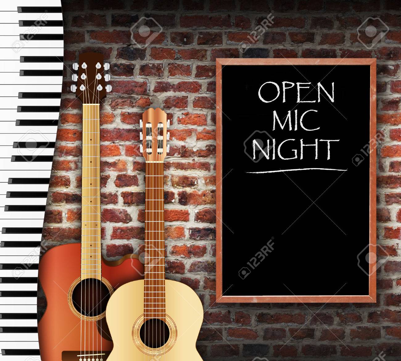 Guitars and keyboard against brick wall background and open mic night written on blackboard - 43134554 Guitars and keyboard against brick wall background and open mic night written on blackboard - 43134554