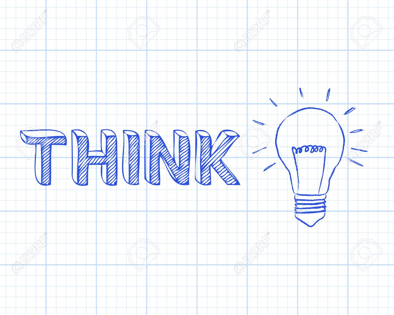 hand drawn think sign and light bulb on graph paper background light graph paper