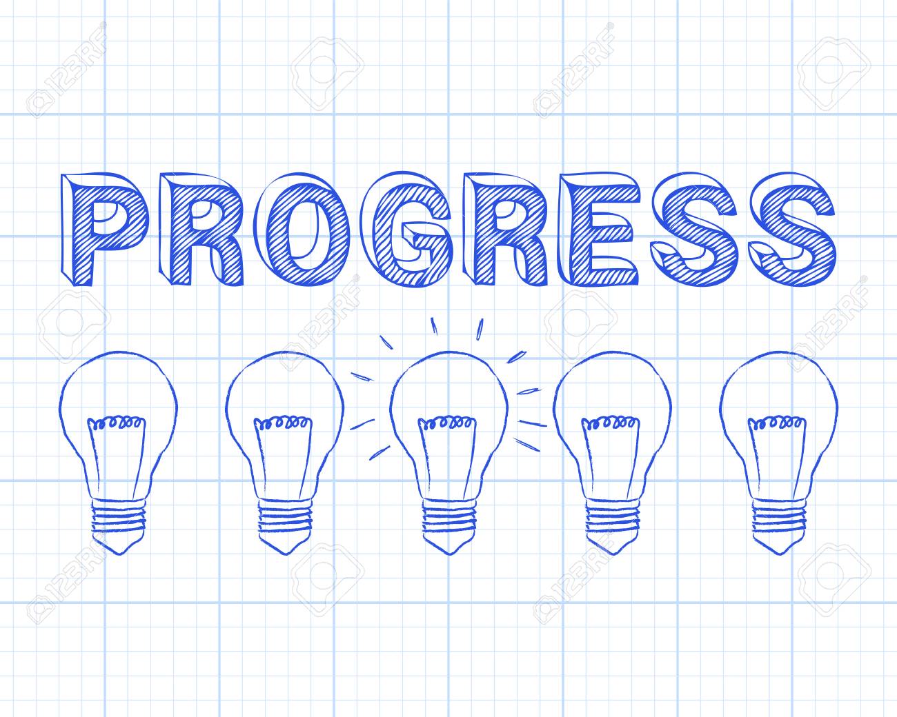 hand drawn progress sign and light bulb on graph paper background light graph paper