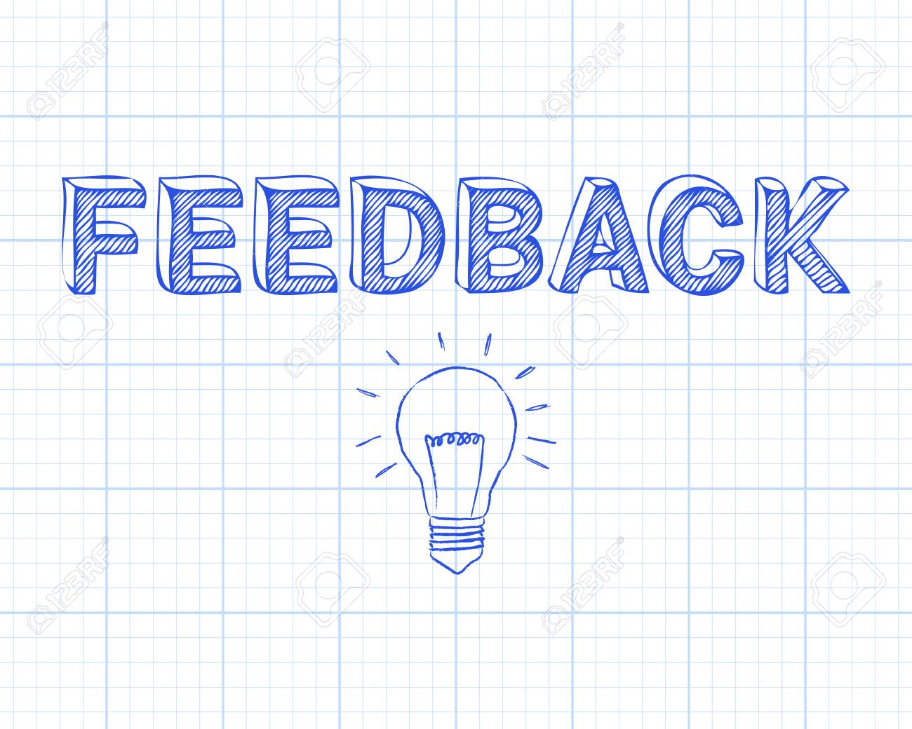 hand drawn feedback sign and light bulb on graph paper background light graph paper