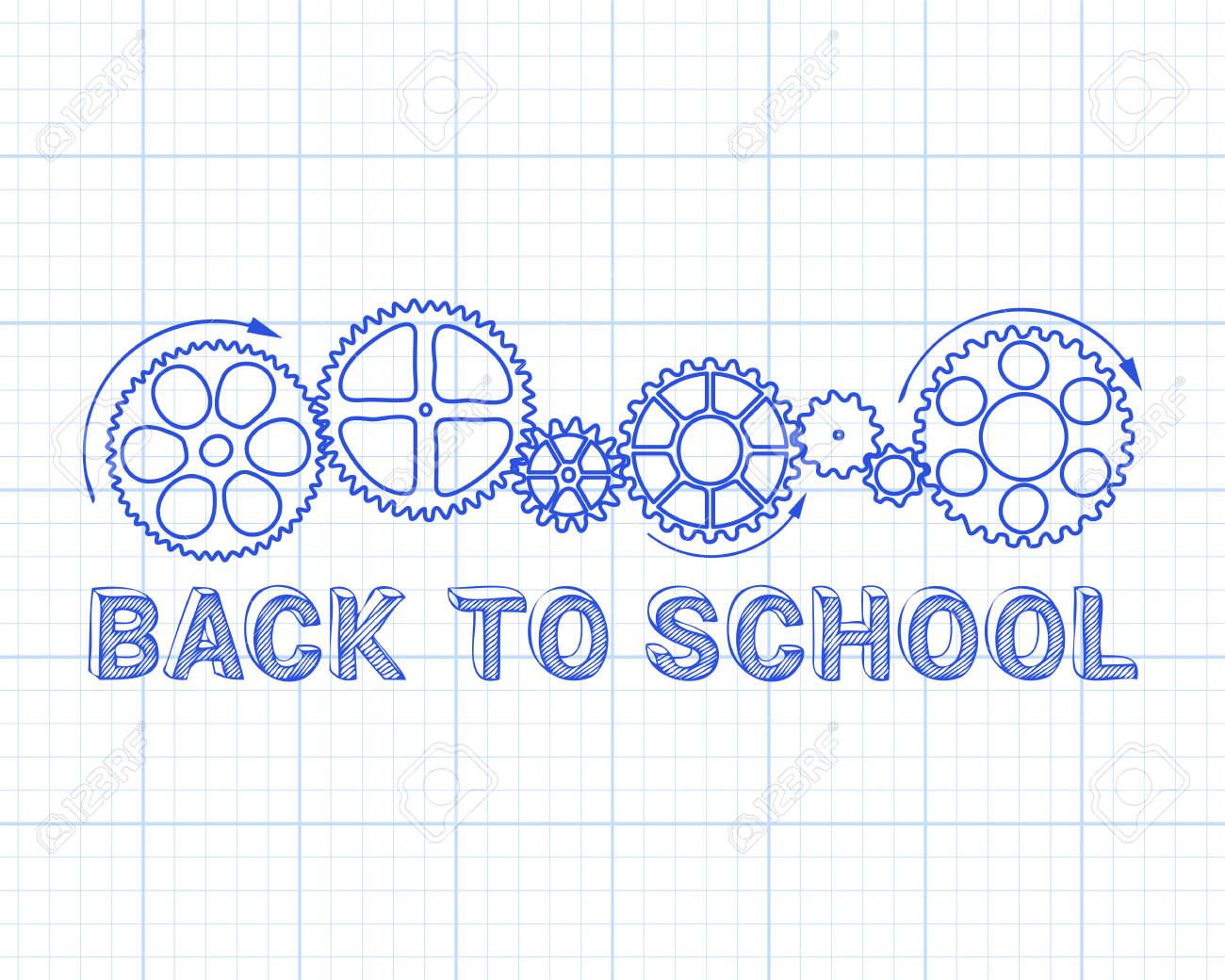 back to school text with gear wheels hand drawn on graph paper school graph