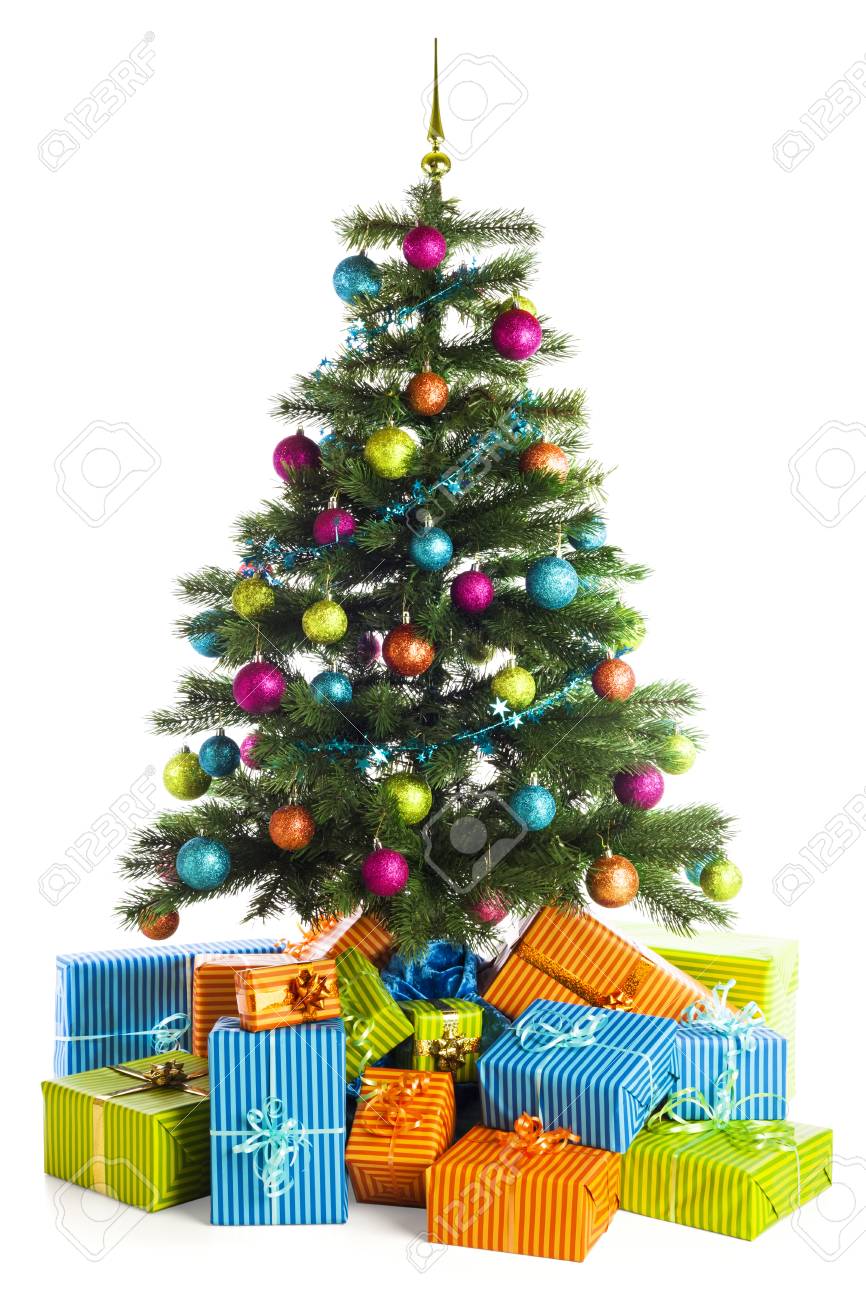 Giftboin Blue Orange And Green Below Christmas Tree Decorated With Baubles Stock P O Giftboin Blue Orange And Green Below Christmas Tree Decorated With Baubles Stock P O
